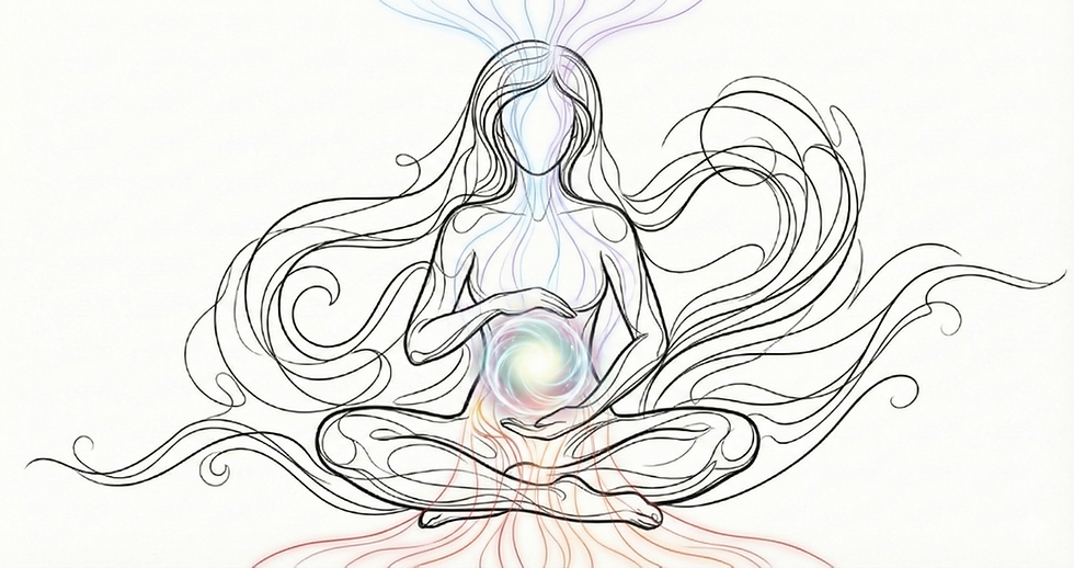 Woman sitting and holding energy. Energy moves through her, from above and below.