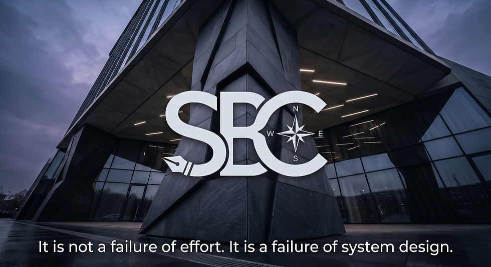 Strategic Business Consulting emblem over a modern architectural building facade featuring the quote: It is not a failure of effort. It is a failure of system design.