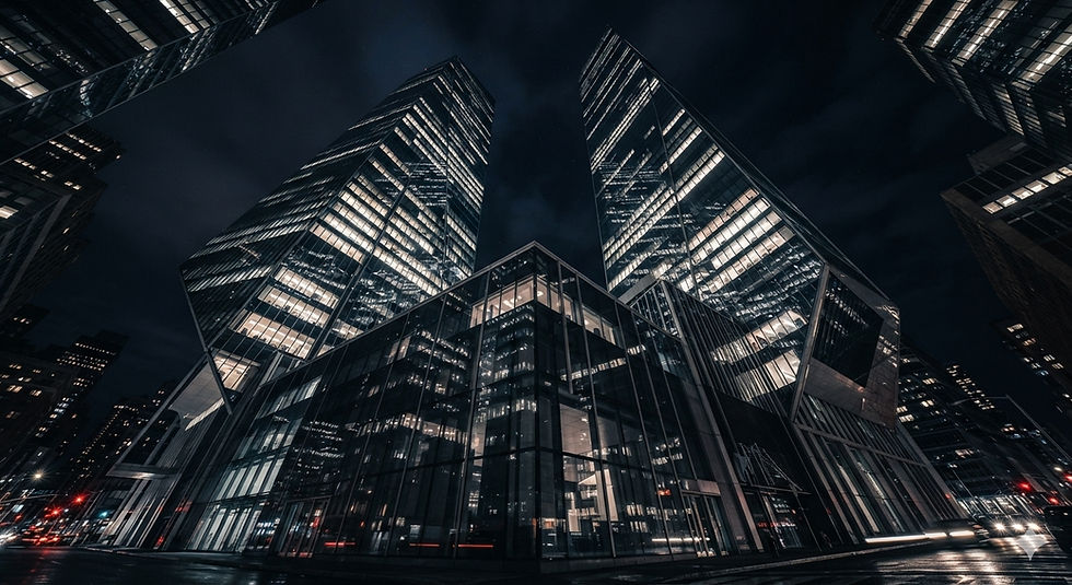 Dark modern architectural building facade at twilight representing structural visibility and systems engineering for Strategic Business Consulting.