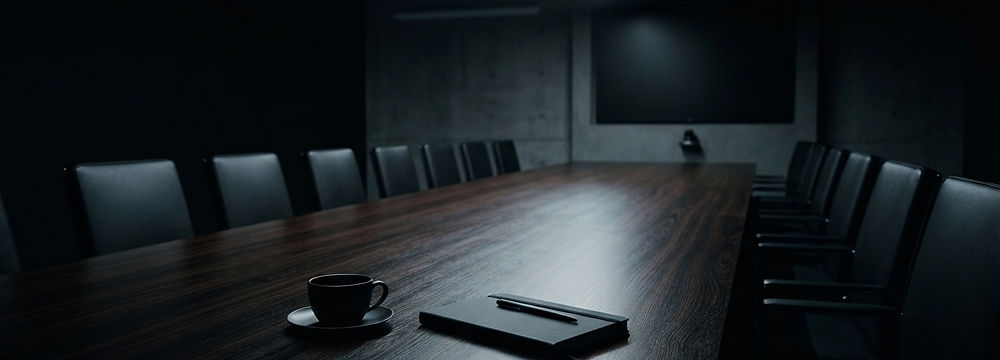 Dark boardroom with a empty chairs around a long wooden table. On the table is a coffee cup, notepad, and pen.