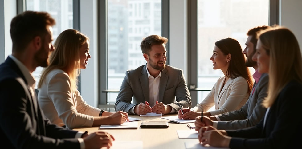 An arbitrator discussing the process to 2 parties sitting at a conference table