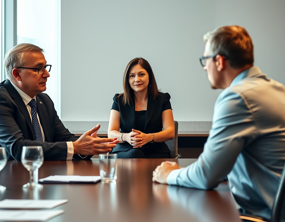 A professional arbitrator deliberates between two individuals at a conference table