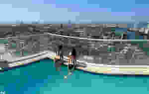 Two girls in a rooftop pool