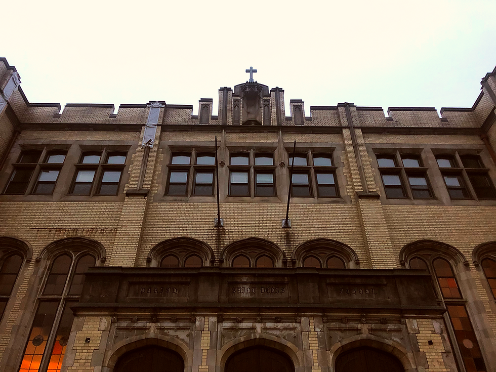 Entrance to abandoned St. Denis School in Yonkers, New York (2019)