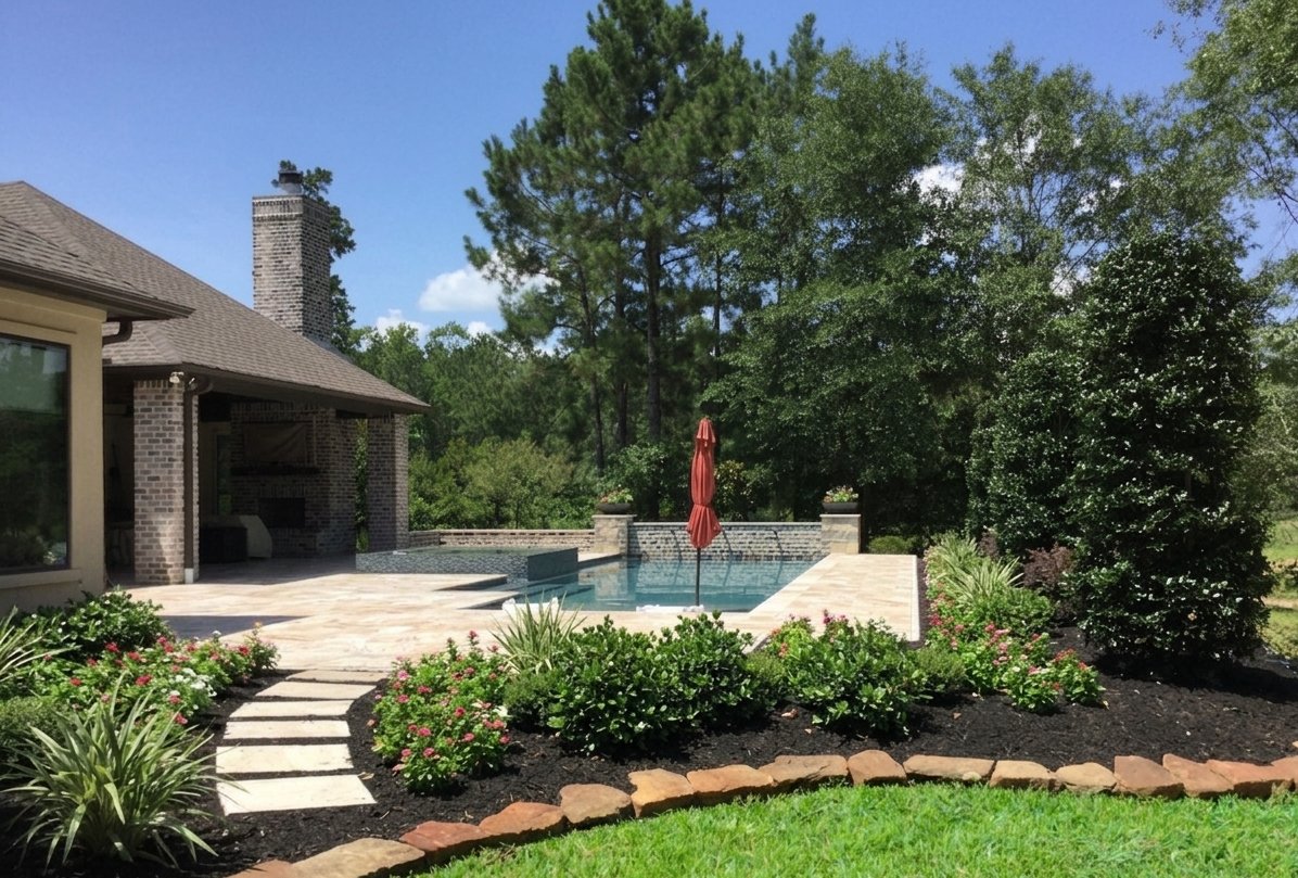 Beautifully landscaped backyard with pool and privacy trees — New Yards Landscaping