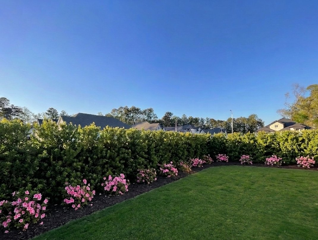 After — lush privacy hedge with pink flowering shrubs