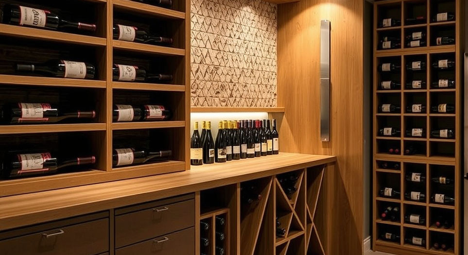 Wine cellar with wooden shelving and bottles