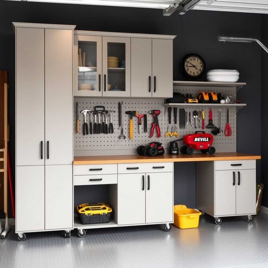 chic home garage system with tall cabinets, tools display & work bench.jpg