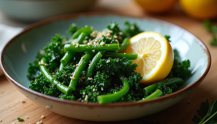 Eye-level view of a bowl filled with sautéed kale and green beans in golden ghee, garnished with fresh herbs and lemon wedges
