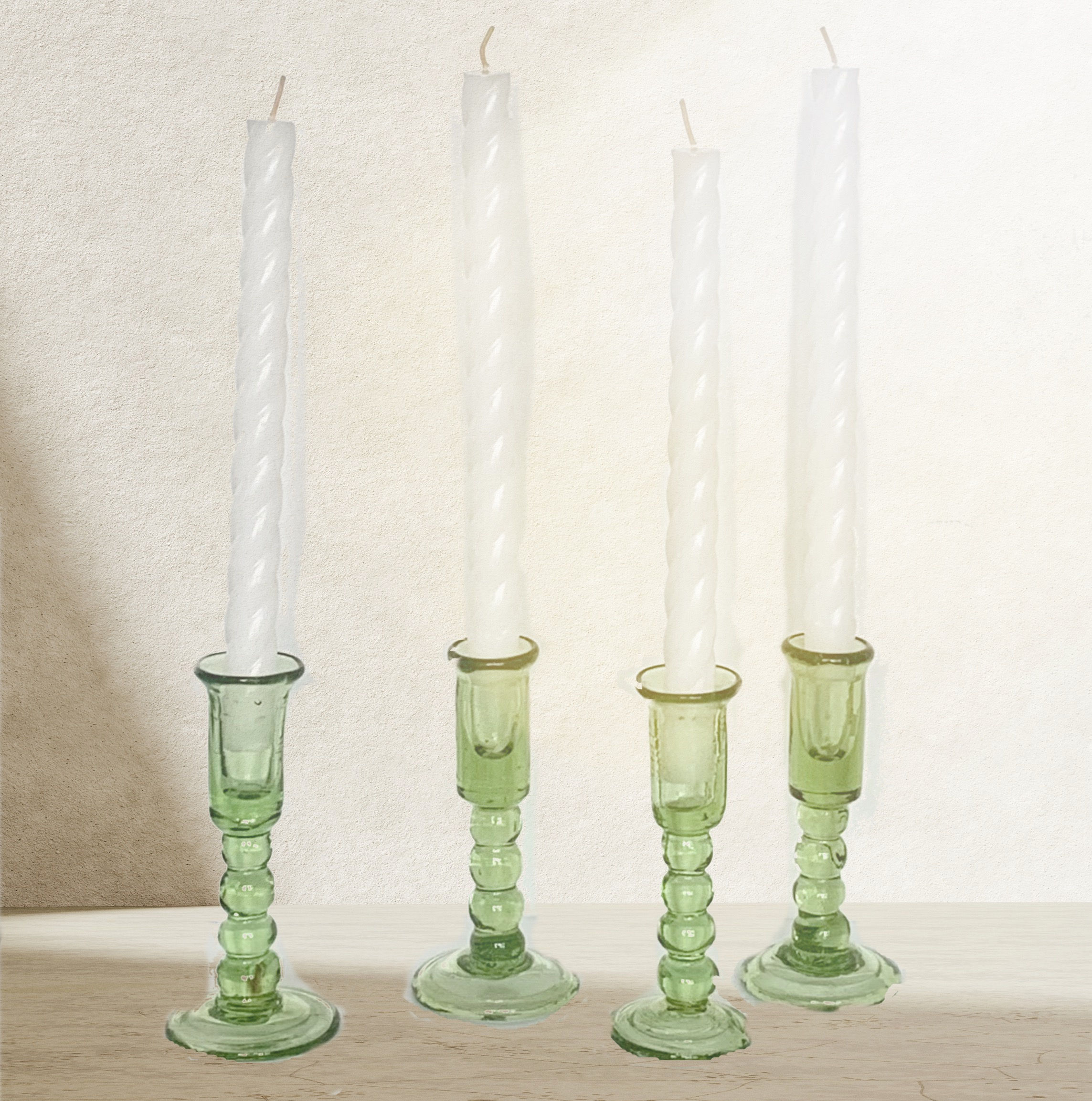 Antique Green Bubble Glass Candlesticks, Set of 4