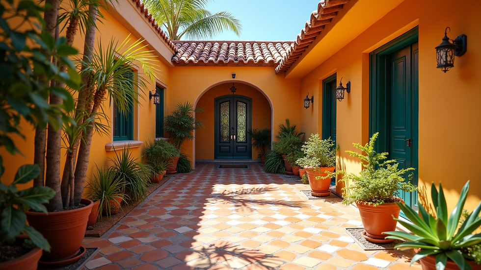 Close-up view of a colorful tiled courtyard in a traditional Ensenada home