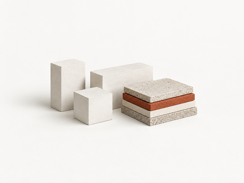 AI-generated abstract editorial study of three pale blocks and layered material samples with one terracotta-coloured separator.
