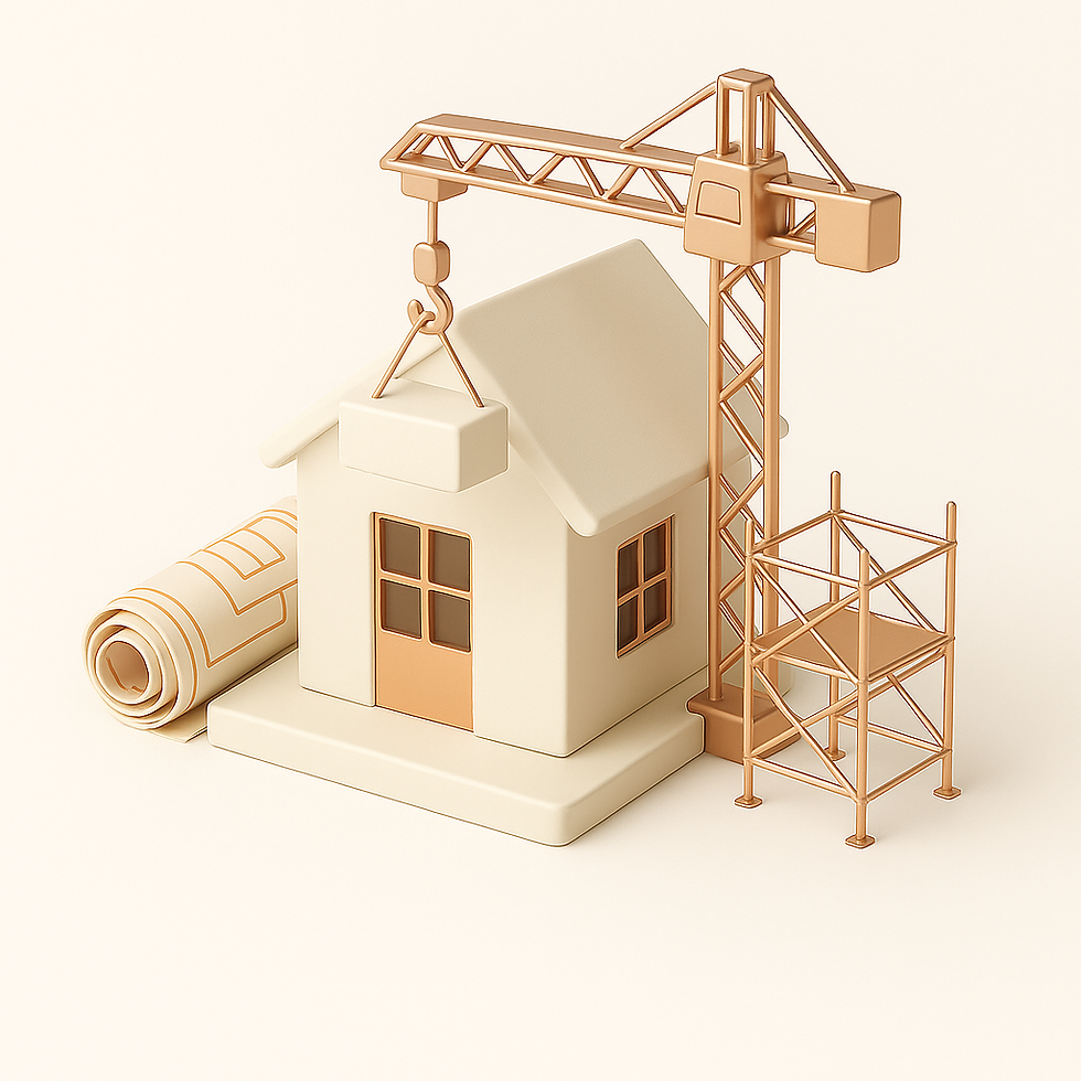 Miniature house model with a crane lifting a roof piece, a blueprint roll nearby, and scaffolding, in beige and brown tones.