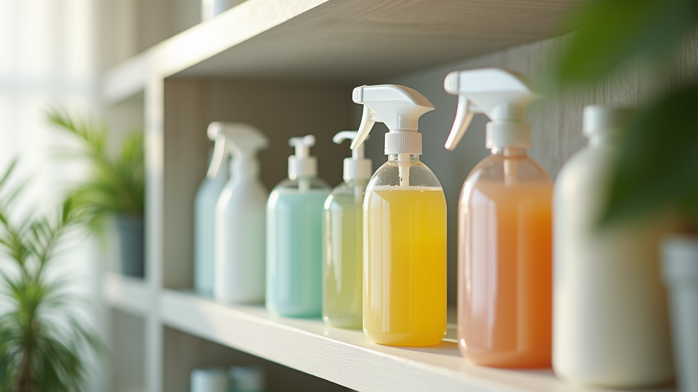 Close-up view of eco-friendly cleaning supplies arranged neatly on a shelf