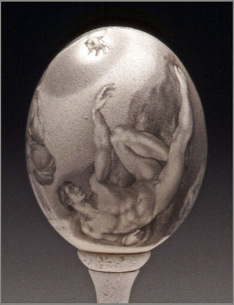 Drawing with pencil on chicken egg - elliptical sphere, of Adam from Michelangelo's fresco painting on the Sistine Chapel ceiling.