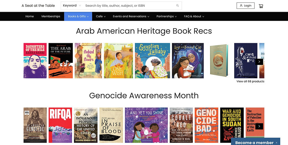 Screenshot of available books from Arab American authors and genocide awareness books below it.
