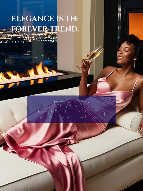 Woman in pink silk gown sips champagne. The text behind her reads "Elegance is the forever trend."