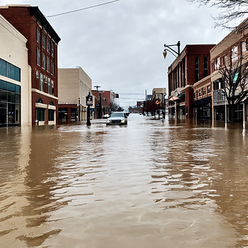 Photo of downtown Roanoke, Virginia on a cloudy day with muddy water on streets and car with headlights on driving in water up to bumper.
