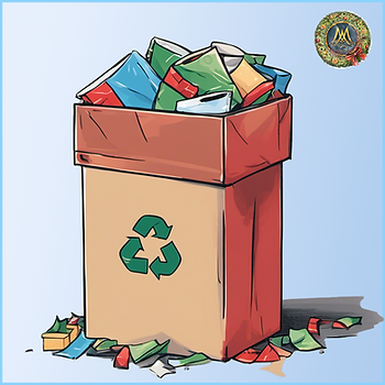 Cartoon drawing of recycle box filled with Christmas wrapping paper