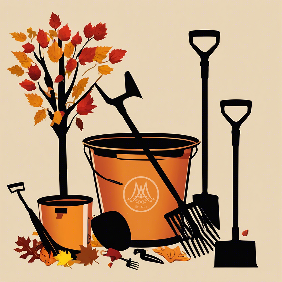 Graphic of gardening tools with a bucket and a fall tree ready to be planted