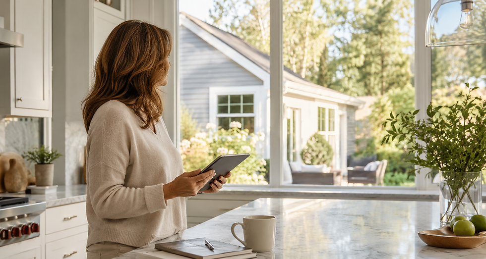 Homeowner standing at a bright kitchen island with a tablet, looking out over her backyard in a sunlit modern home, representing thoughtful home management and planning.