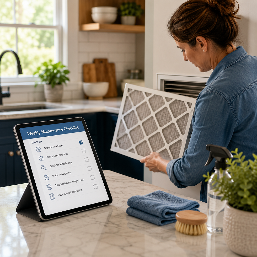 A homeowner cleans the exhaust filter from above her oven in her kitchen while following a "This Weekend's Checklist" displayed on a tablet on the kitchen island. The bright, organized kitchen includes a small toolkit, houseplants, and a coffee mug, illustrating how AI can help homeowners stay on top of routine home maintenance tasks through personalized schedules and reminders.