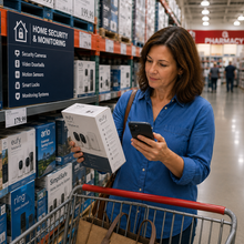 A woman in a blue shirt compares a boxed home security camera system with information on her smartphone while shopping in a warehouse store’s home security section.