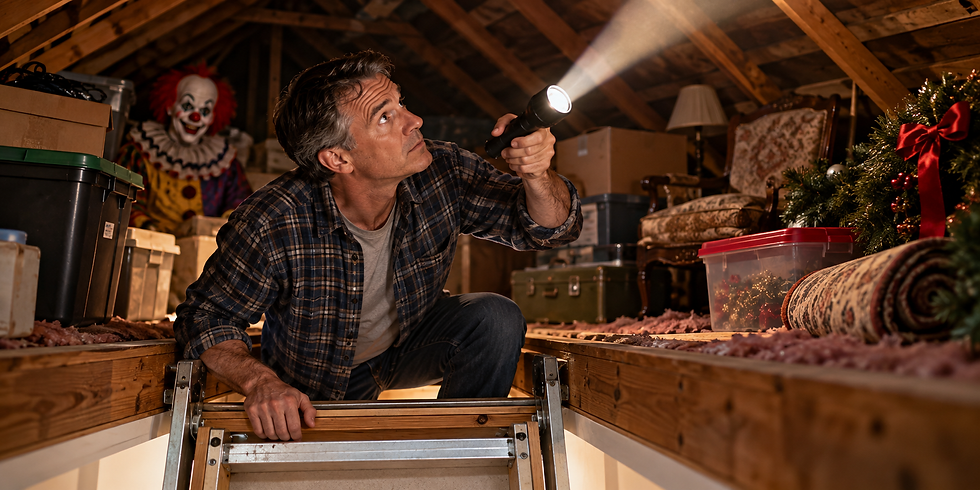 Homeowner climbing into an attic with a flashlight to inspect the roof, surrounded by stored furniture, Christmas decorations, boxes, and a Halloween clown.