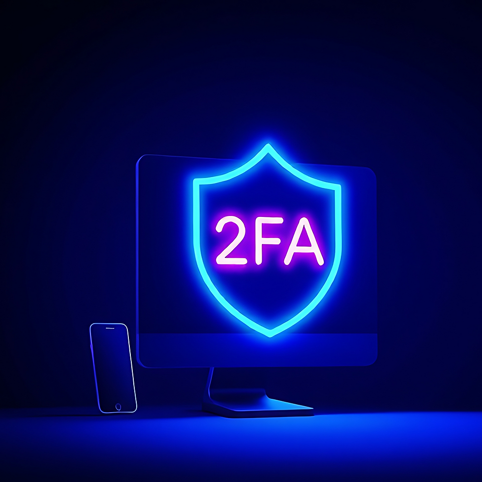 A neon blue shield containing the letters 2FA appears on a computer screen with a cell phone leaning up against the screen.