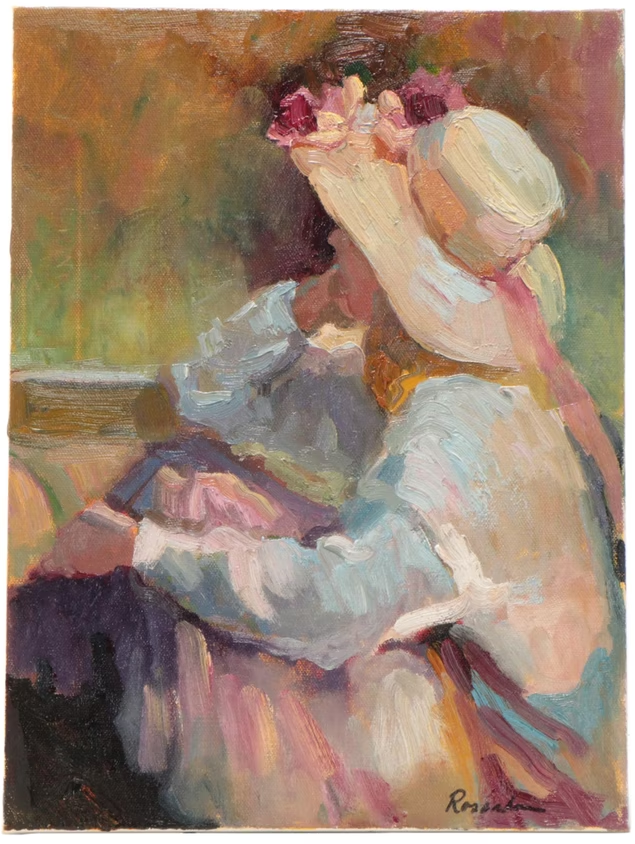 Painting by Sally Rosenbaum (1949- ) of young girl in profile in sunhat, white shirt, and skirt staying cool in the heat of summer. FROM EBTH.com