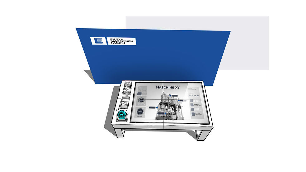 ERMAFA Infostand mit Produktdetails und blauem Display