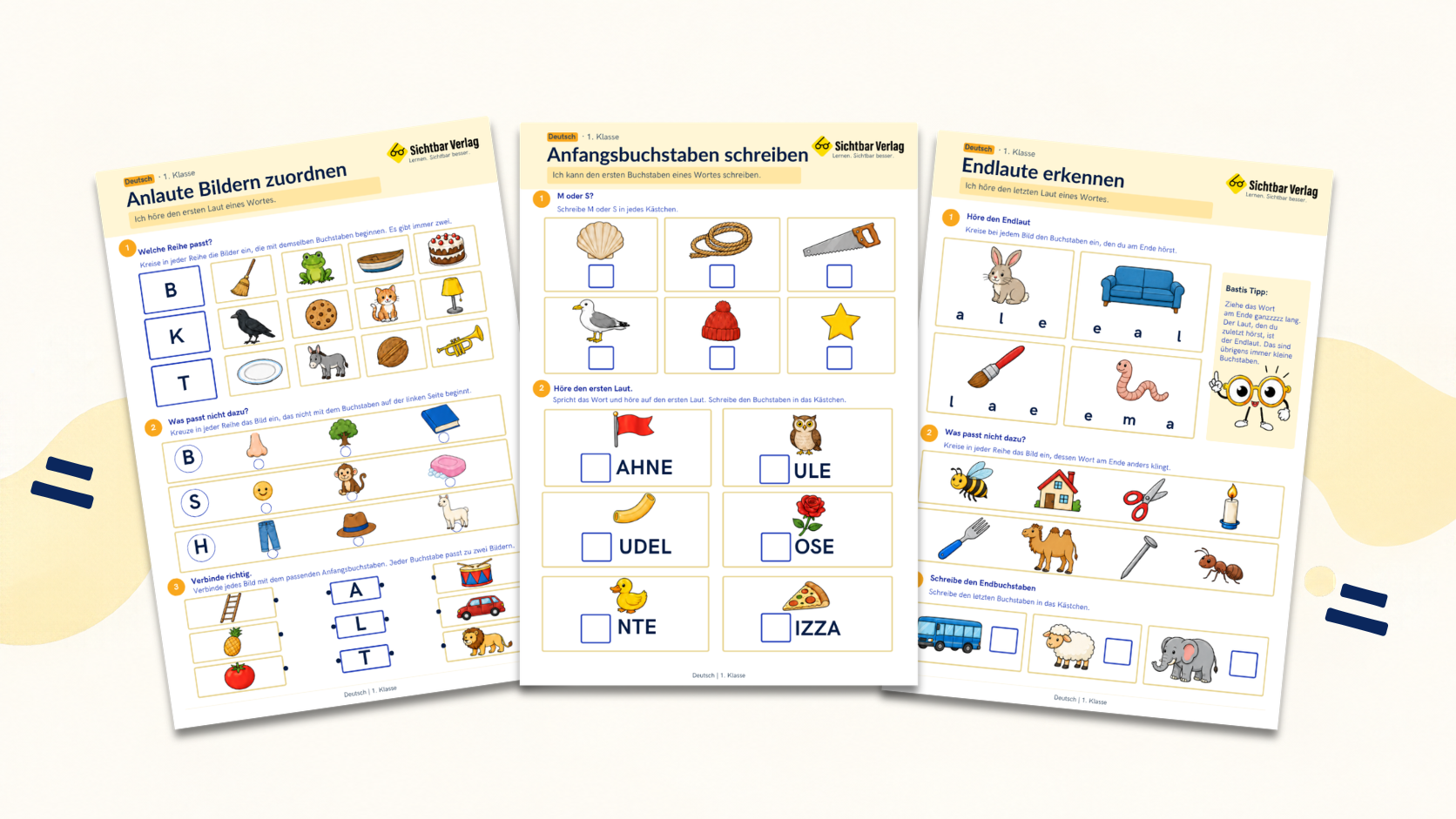 Arbeitsblätter für Deutsch Klasse 1 zu Anlauten, Anfangsbuchstaben und Endlauten