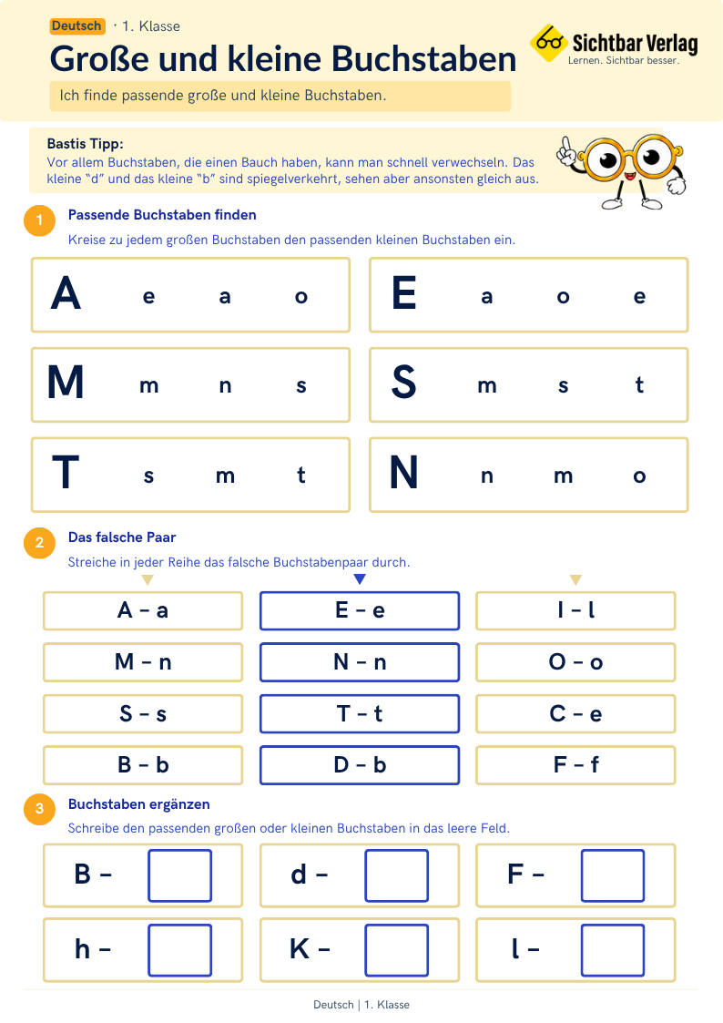 Arbeitsblatt zum Zuordnen großer und kleiner Buchstaben mit drei Aufgaben