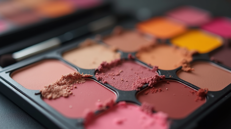 Close-up view of a makeup palette with vibrant colors