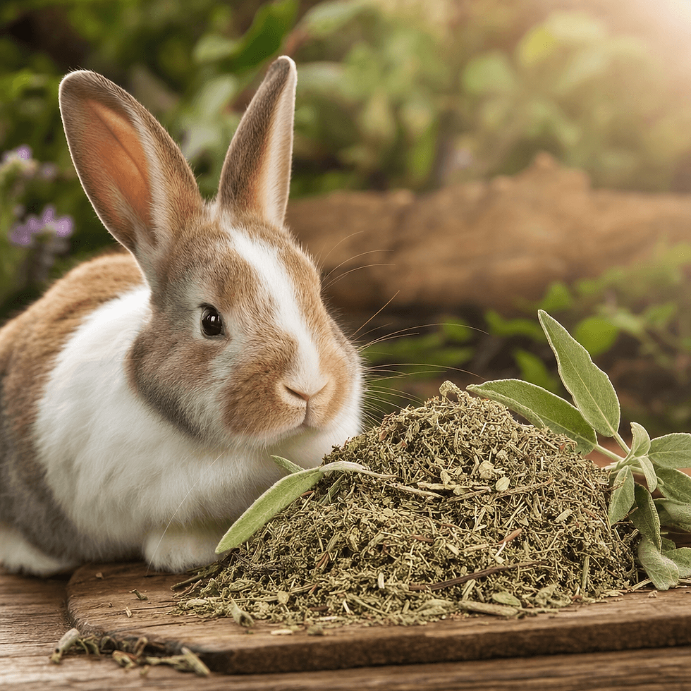 Miniaturbild: Kaninchen mit getrockneten Salbeiblättern – natürliches Kräuterfutter für Nager und Kleintiere