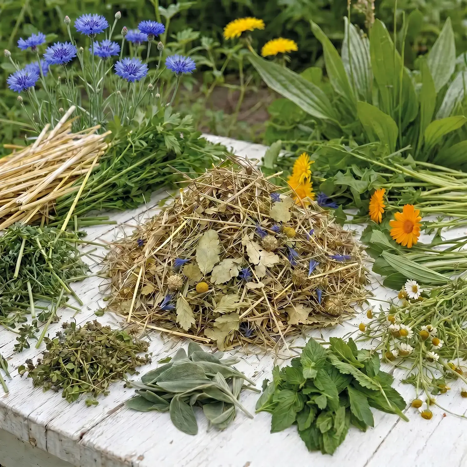 Feldzauber-Ernte: Frisch geerntete Kräuter, Blüten und Heu für Kaninchen- und Nagerfutter auf einem weißen Holztisch