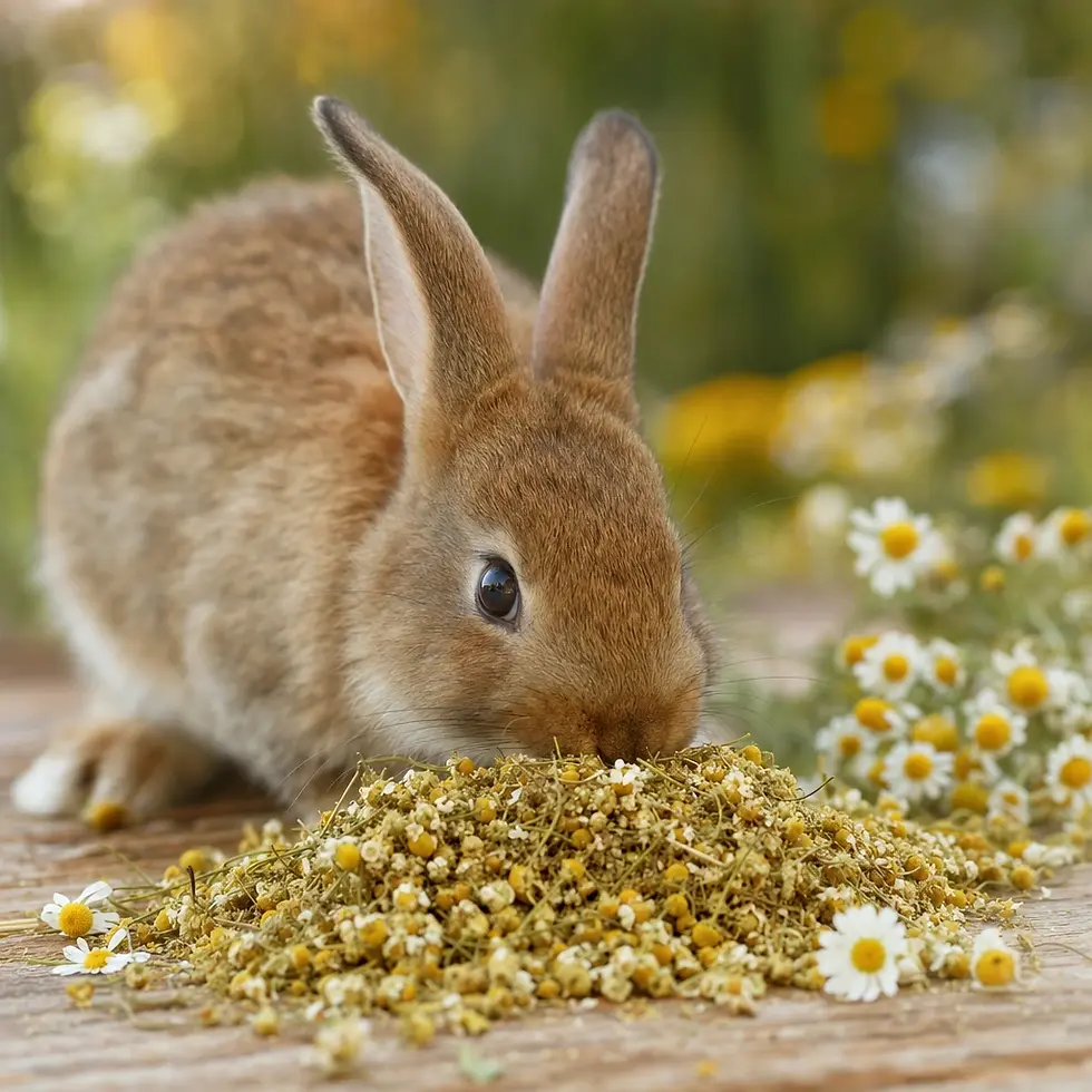 Miniaturbild: Kaninchen mit getrockneten Kamillenblüten – natürliches Ergänzungsfutter für Kaninchen, Nager und Kleintiere