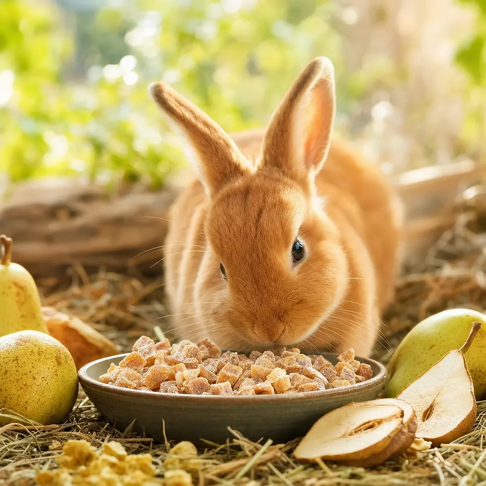 Miniaturbild: Kaninchen mit Birnenwürfeln – natürlicher Fruchtsnack für Nager und Kaninchen aus 100 % Birne