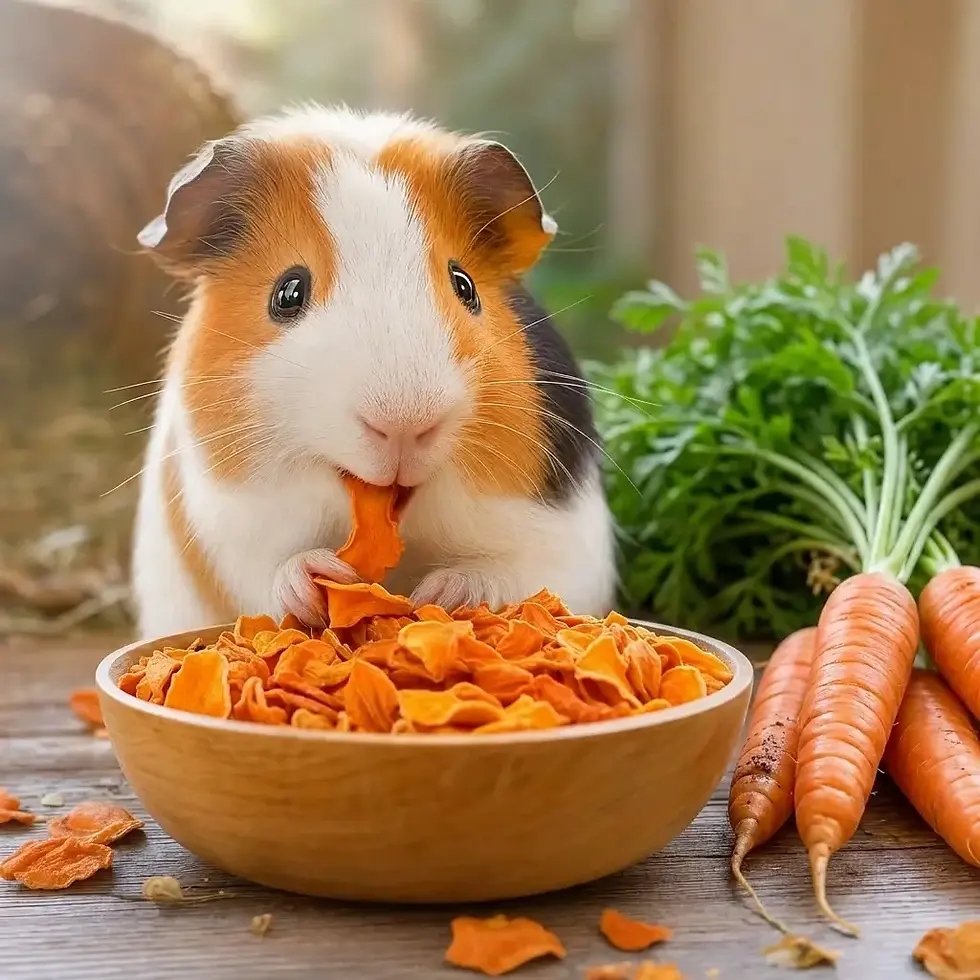 Miniaturbild: Meerschweinchen mit Karottenchips – natürlicher Snack für Nager und Kleintiere aus 100 % Karotte