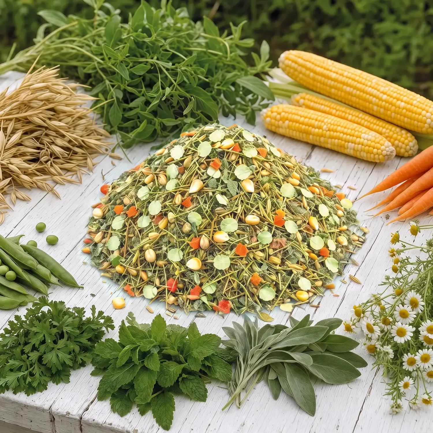 VitalNatur Kräuterkraft: Frisch geerntete Kräutern, Gemüse & Blüten für Kaninchen- und Nagerfutter auf einem weißen Holztisch