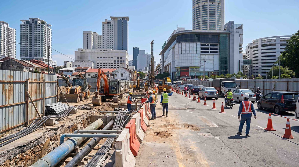 Kerja pengalihan utiliti bagi LRT Laluan Mutiara di Jalan Magazine, George Town sebagai persediaan pembinaan sistem transit bandar Pulau Pinang.
