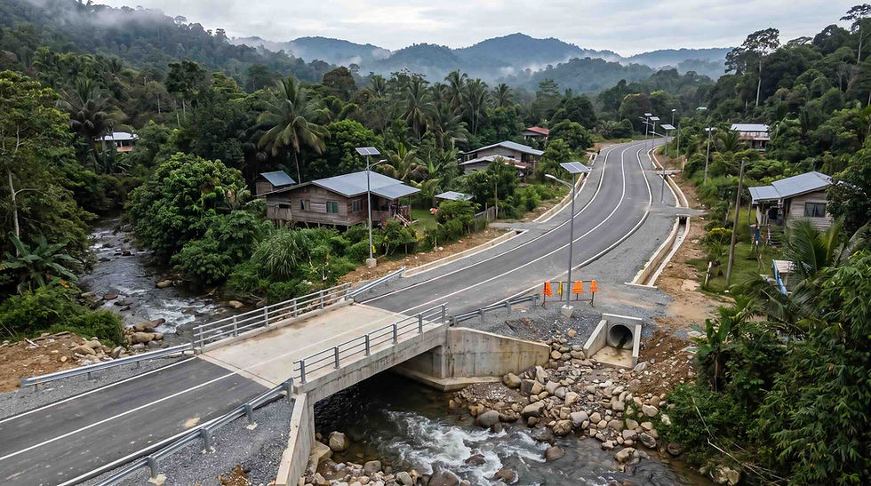 Kerja pembinaan jalan desa bagi menyokong pembangunan luar bandar dan meningkatkan akses kampung di Malaysia.