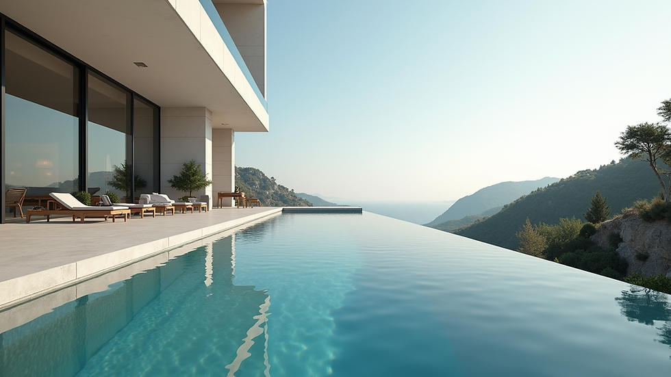 Eye-level view of a modern luxury mansion with a sleek pool