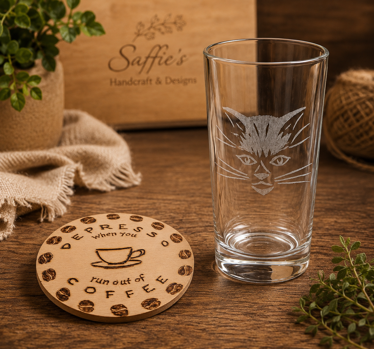 Engraved Glass & Handcrafted Wooden Coaster Set
