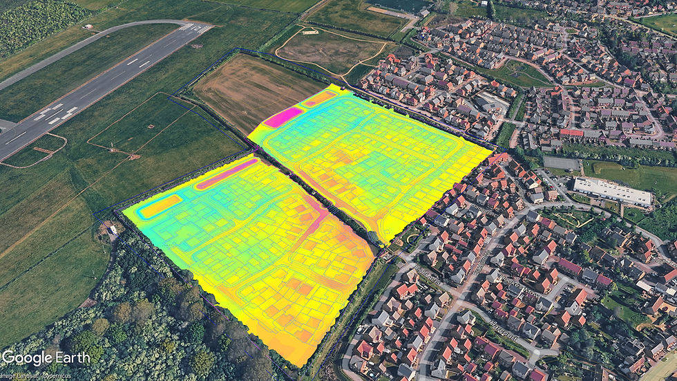 Colour-coded earthworks model of the Cranfield development over aerial imagery