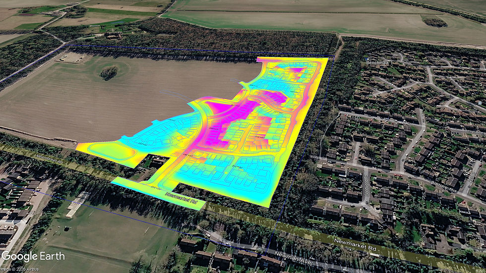 Colour-coded cut-and-fill model of the Royston development over aerial imagery