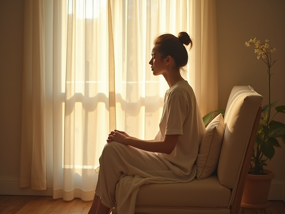 A person sitting quietly by a sunlit window in soft light, reflecting on a difficult date