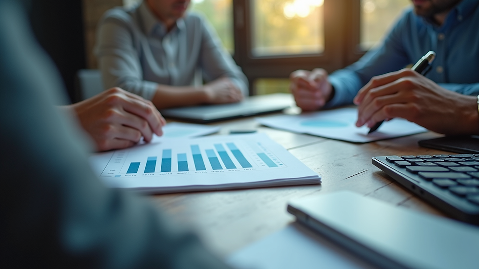 Eye-level view of a business team analyzing revenue charts on a laptop