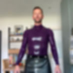 Man in glossy purple latex top and black leather kilt.
