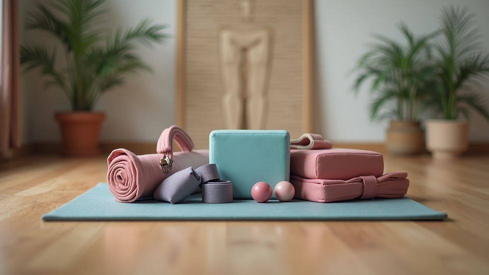 Close-up view of yoga props including blocks and straps on a wooden floor